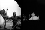sur la route un homme et en diptyque un écran Télévision avec japonais, série noir et blanc, au Ghana, en 2000 © Photo Deborah Metsch